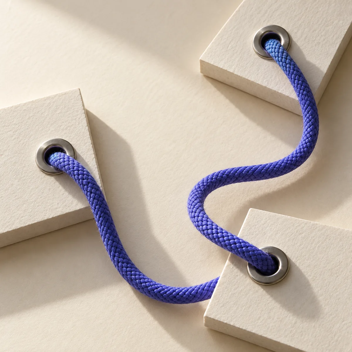 A violet cord linking three paper panels to represent a website and its connected tools